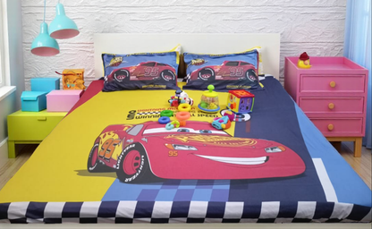 Blossoms kids Mcqueen car printed double bedsheet . Premium super soft and durable 400 TC fabric with 2 engineered pillows , 100% cotton. Very safe for kids.