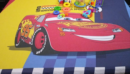 Blossoms kids Mcqueen car printed double bedsheet . Premium super soft and durable 400 TC fabric with 2 engineered pillows , 100% cotton. Very safe for kids.