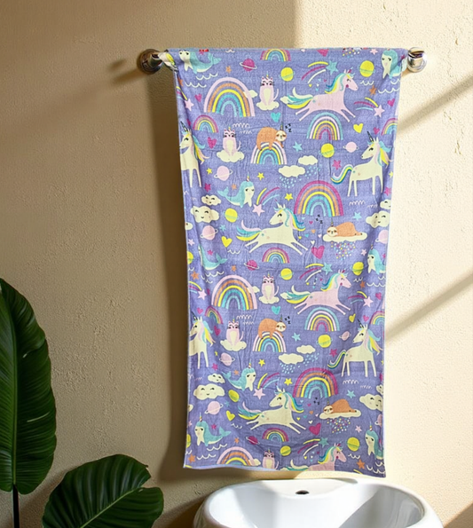 Blossoms kids Unicorns cartoon printed Towels | 100% Cotton towels| | safe for kids | big size -35x62 inch | set of 1 pc .