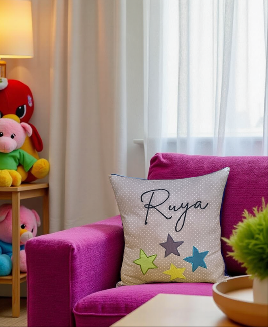 Blossoms embroidered pure cotton stars and name Customised cushion with filler . Set of 1 .