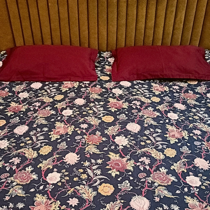 Beautiful Floral printed  Glace Cotton Satin King Size Double Bedsheet for Double Bed with Two contrast color(Red) Pillow Covers (Super King)(110 * 110 Inches), Dark blue bedsheet,CS/KAP/223