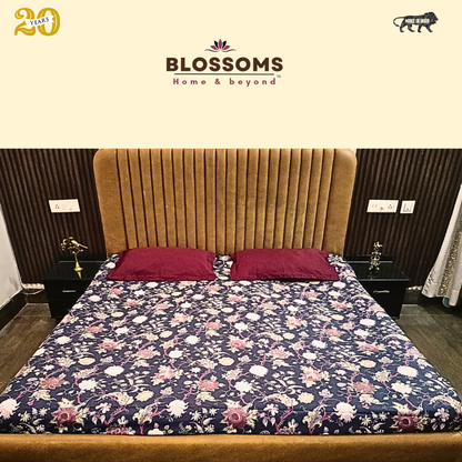 Beautiful Floral printed  Glace Cotton Satin King Size Double Bedsheet for Double Bed with Two contrast color(Red) Pillow Covers (Super King)(110 * 110 Inches), Dark blue bedsheet,CS/KAP/223