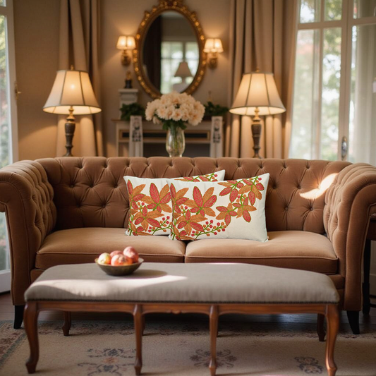 Blossoms Beige Cushion cover with orange Auri Work .  12x18 inch  pack of 1 pc