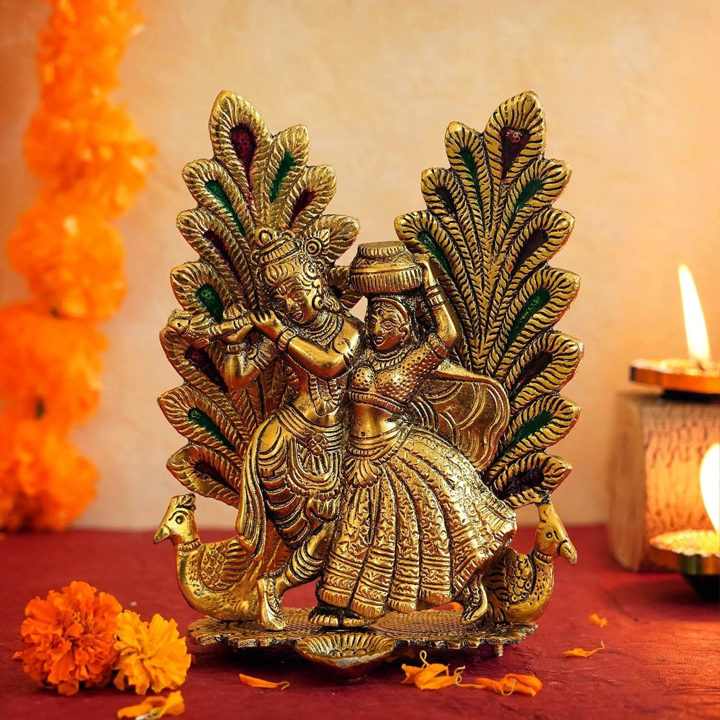 Metal Handicraft Radha Krishna Murti Idol Sculpture with Diya for Home Decor Pooja Room Temple Shrii Krishna Decorative Showpiece Statue Weight (237 Gram).