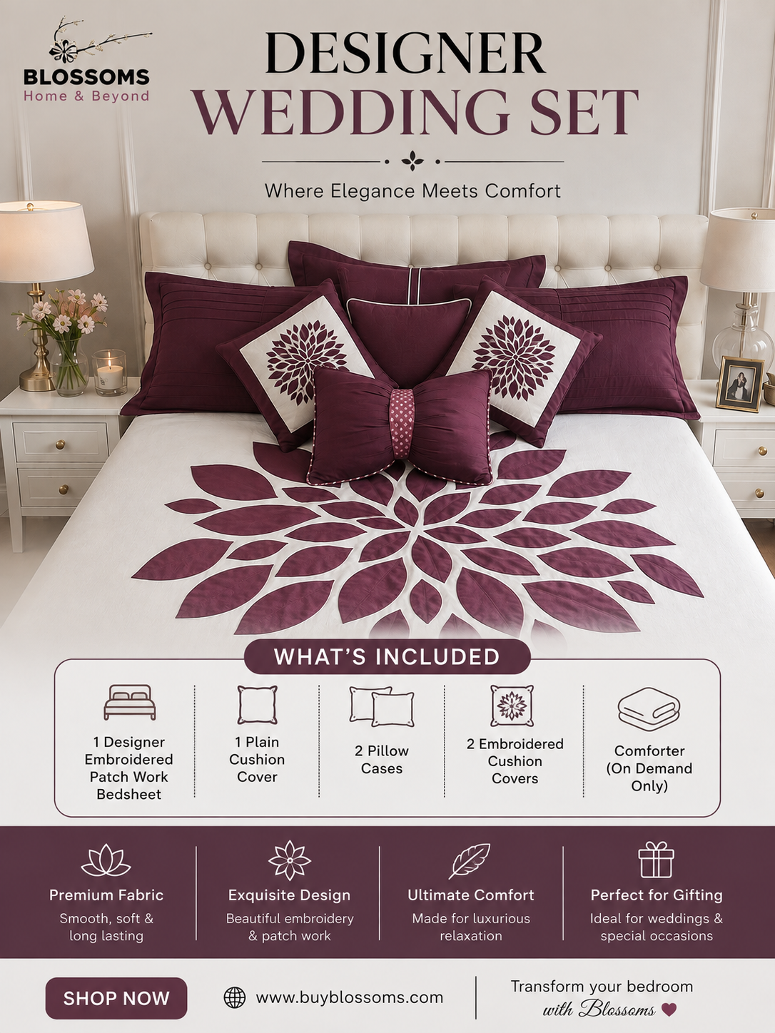 Blossoms designer embroidered patchwork bedsheet.