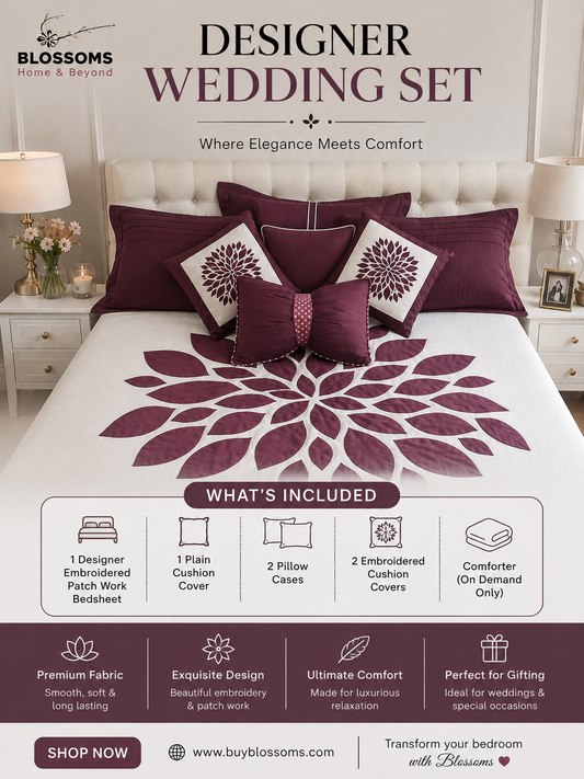 Blossoms designer embroidered patchwork bedsheet.