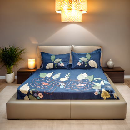 Blossoms Designer embroidered all over floral design Bedcover wit 2 pillows.
