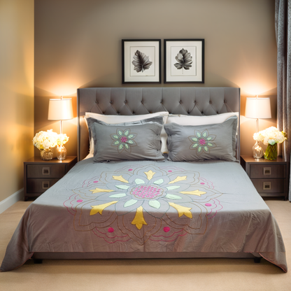Blossoms Designer embroidered Bedcover with 2 pillows.