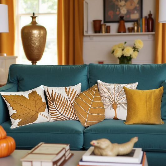 Blossoms 5 pcs designer modern leaf pattern Cushion Covers set with 1 leaf filler cushion.