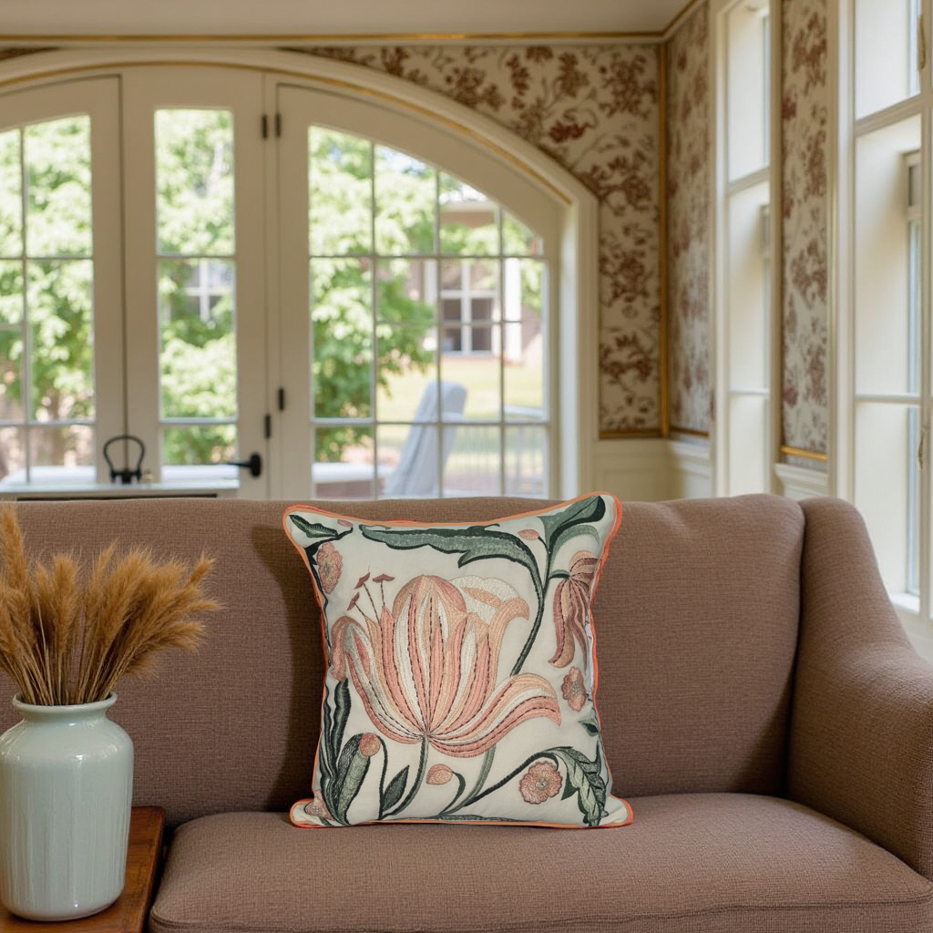 Blossoms Decorative Designer Cushion Cover |Embroidered work| 16x16|inch, Cotton Fabric|floral