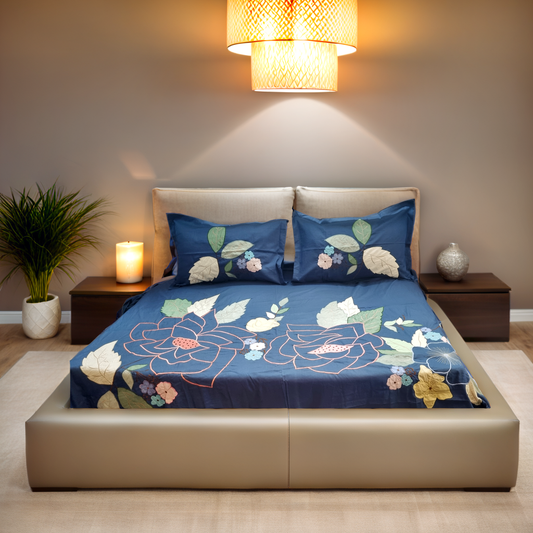 Blossoms Blue applique work bedding set with embroidery detailings
