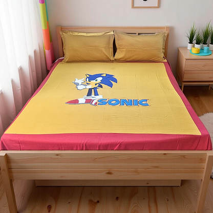 Blossoms kids mustard yellow pure double bed cotton bedsheet with sonic cartoon character embroided patch work with 2 pillows . Set of 3