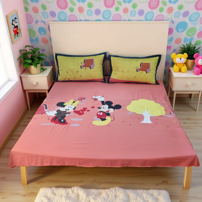Blossoms kids Mickey and Minnie mouse embroidery patch work pure cotton bedsheet with 2 embroidered pillows .