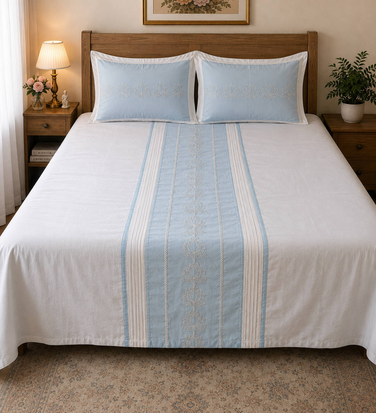 Blossoms embroidered designer bedsheet with 2 pillows (sky blue )