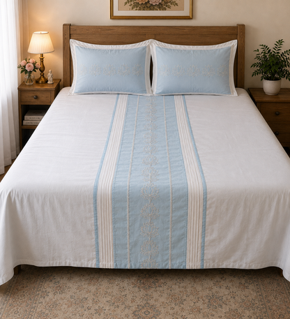 Blossoms embroidered designer bedsheet with 2 pillows (sky blue )