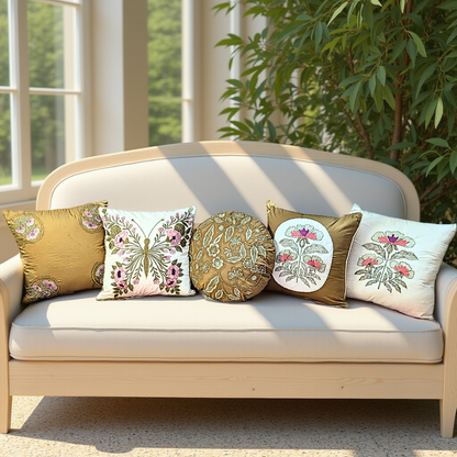 Blossoms 5 pcs exclusive designer embroidered cotton Cushion Cover set | 16x16* inch. 4 cushion covers | 1 round cushion with filler | Concept design cushion covers | pack of 5 pcs.