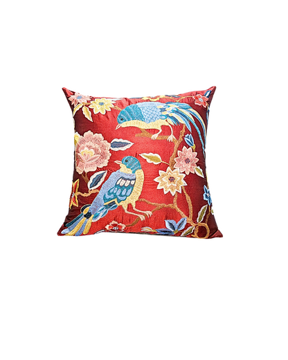 Blossoms embroidered cotton mehroon Cushion Cover | 16inch round cushion covers with filler | floral & bird embroidered | pack of 1