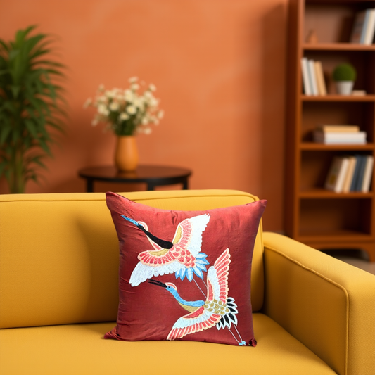 Blossoms reddish mehroon Embroidered premium Cushion Cover 16x16 inch set of 1 .