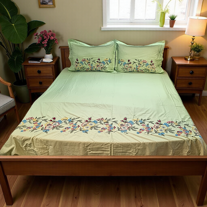 Blossoms embroidered bedsheet with embroided pillow covers.              |2 pillow cases| |pure cotton | | big sizes|.