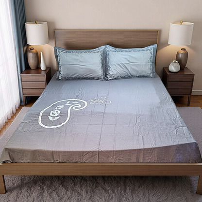 Blossoms Grey pure cotton paisley  embroided bedsheet with embroided 2 pillow case.