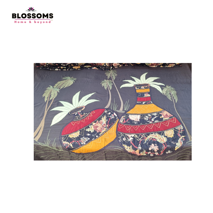 Blossoms Embroidered patch work kalash design on grey bedsheet with highly detailed design and 2 printed pillow covers . Pure cotton fabric.