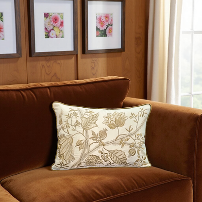 Blossoms Decorative Designer Cushion Cover |zari Embroidered work| 12x18 |inch, glace cotton satin Fabric|modern floral design . Set of 1 .