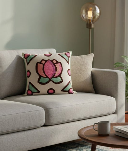 Blossoms embroidered White cotton Cushion Cover | 14*14 inch cushion covers| floral modern design plutch embroidery | pack of 1