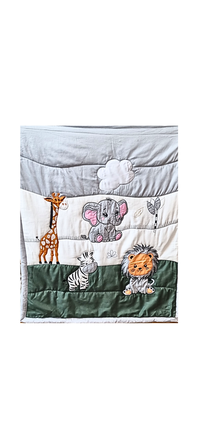 Blossoms kids jungle theme embroided patchwork pure cotton fabric quilt (35x40 inch ) age upto 4 years.