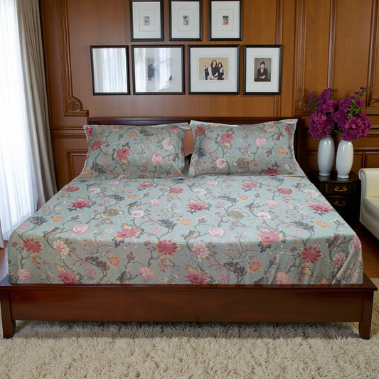 Blossoms 100% pure cotton printed floral 400 TC bedsheet. King size.