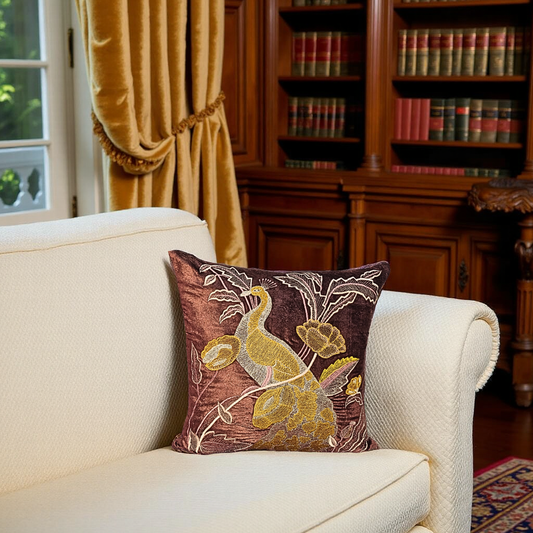 Blossoms champaign colour velvet Cushion covers| 16x16 inch | super premium embroidery | pack of 1