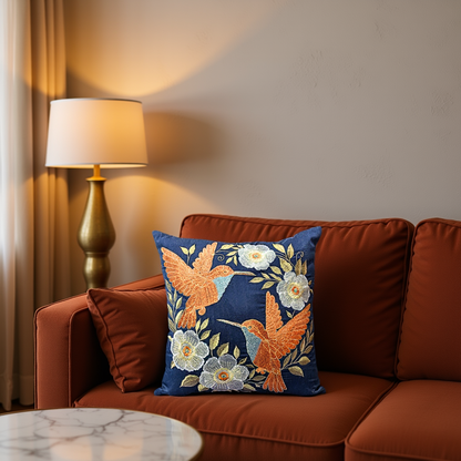 Blossoms embroidered cotton navy Blue Cushion Cover | 16x16* inch |bird and floral embroidered cushion covers | pack of 1