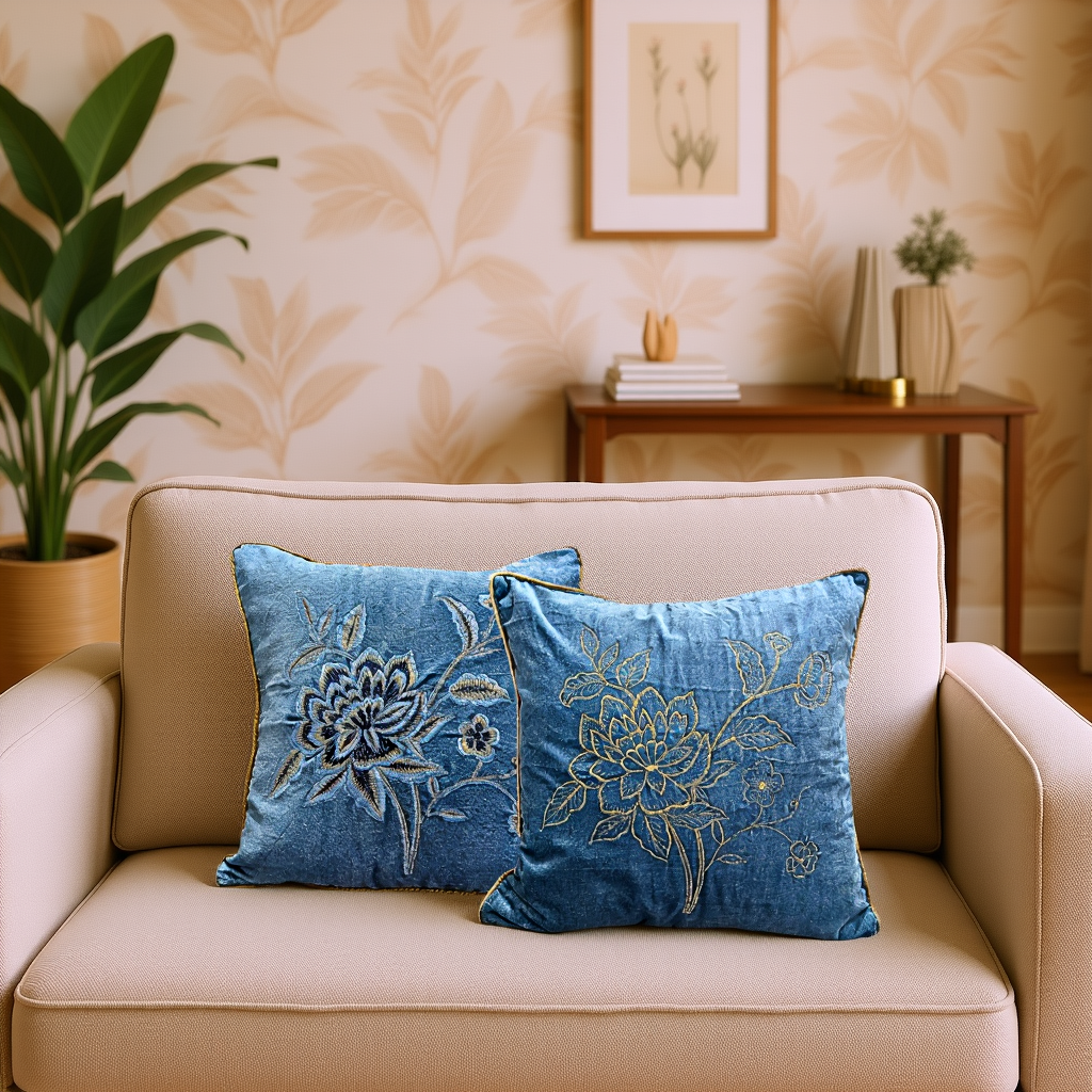 Blossoms  Blue velvet fabric Cushion cover embroidery | 16x16 inch | super premium zari embroidery | |pattern cushion covers | pack of 2