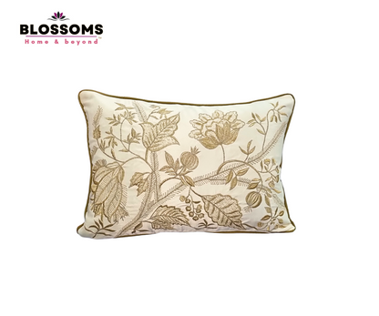 Blossoms Decorative Designer Cushion Cover |zari Embroidered work| 12x18 |inch, glace cotton satin Fabric|modern floral design . Set of 1 .