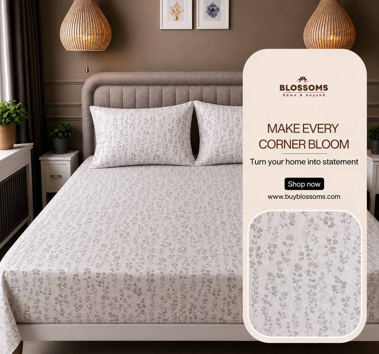 Blossoms Printed pure cotton bedsheet with 2 pillow cases .
