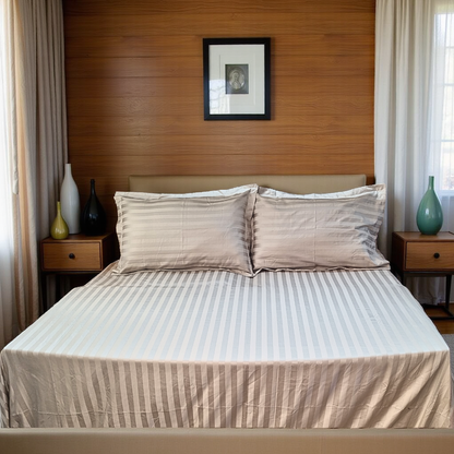 Blossoms 600 thread count premium satin stripes king size bedsheet with 2 pillows . Pure cotton.