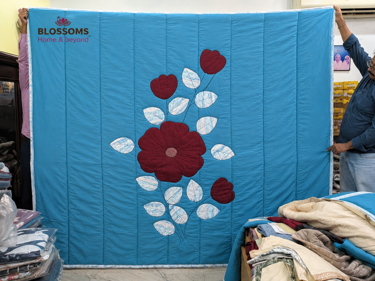Blossoms patchwork embroidery, quilt cum bedcover