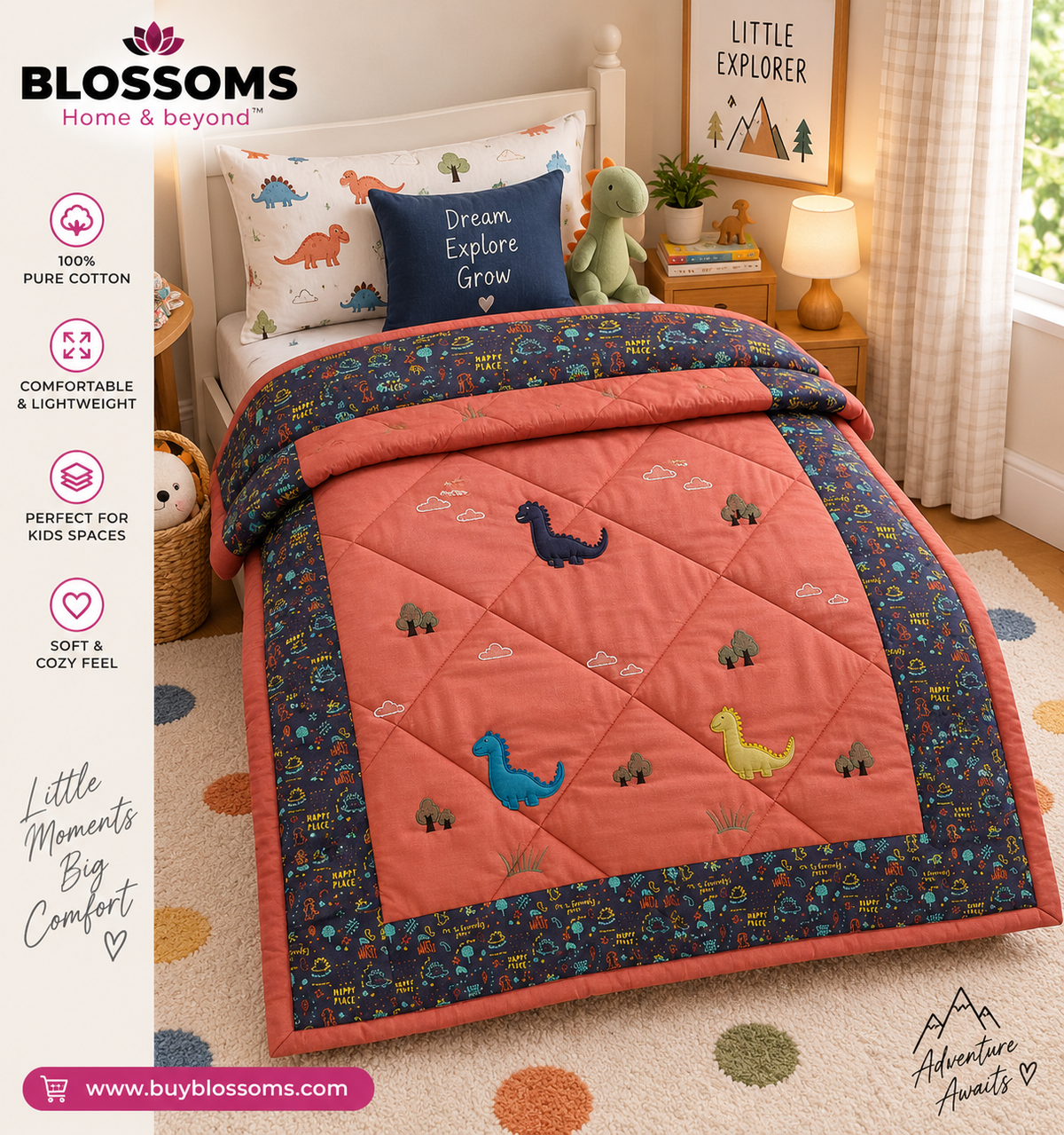 Blossoms kids embroidered patchwork quilt.
