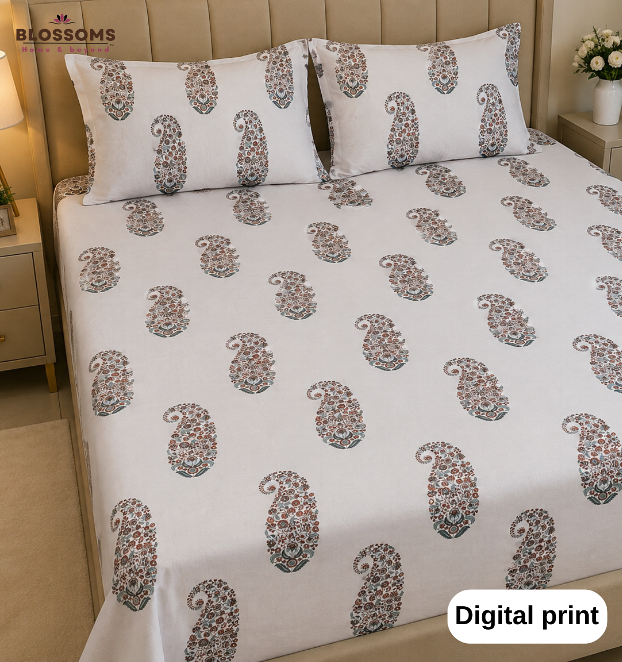Blossoms Printed pure cotton bedsheet with 2 pillow cases .