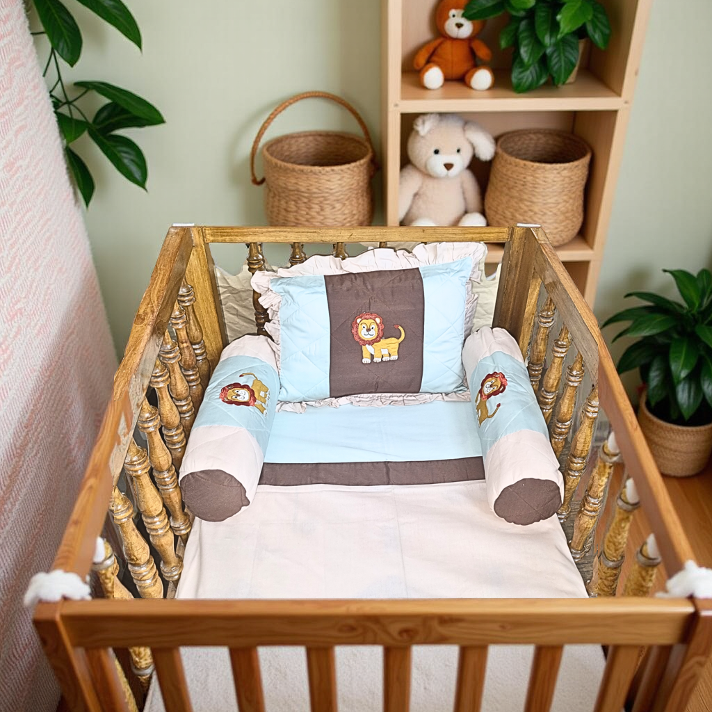 Blossoms kids bedding set  with 1 bedsheet (35"x50"),1 pillow with filler(12"x15") ,  2 bolsters with filler (15"x15") 1 quilt brown colour( 35"x40")Ideal for upto 3 years)