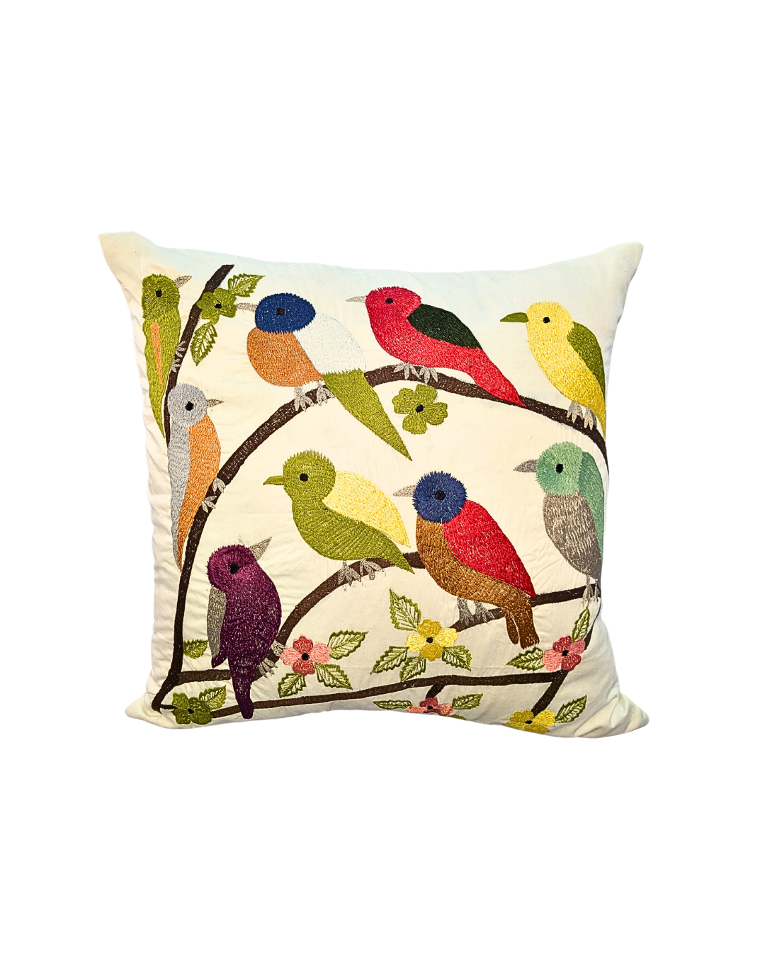 Blossoms embroidered off white cotton Cushion Cover | 16x16 inch cushion covers| Bird embroidery | pack of 1