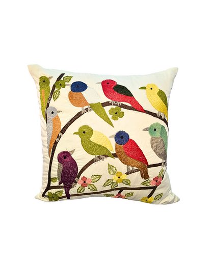 Blossoms embroidered off white cotton Cushion Cover | 16x16 inch cushion covers| Bird embroidery | pack of 1