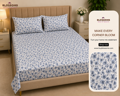 Blossoms Printed cotton bedsheet with 2 pillow cases