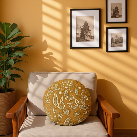 Blossoms embroidered cotton golden mustard  Cushion Cover | 16inch round cushion covers with filler | floral zari embroidered | pack of 1