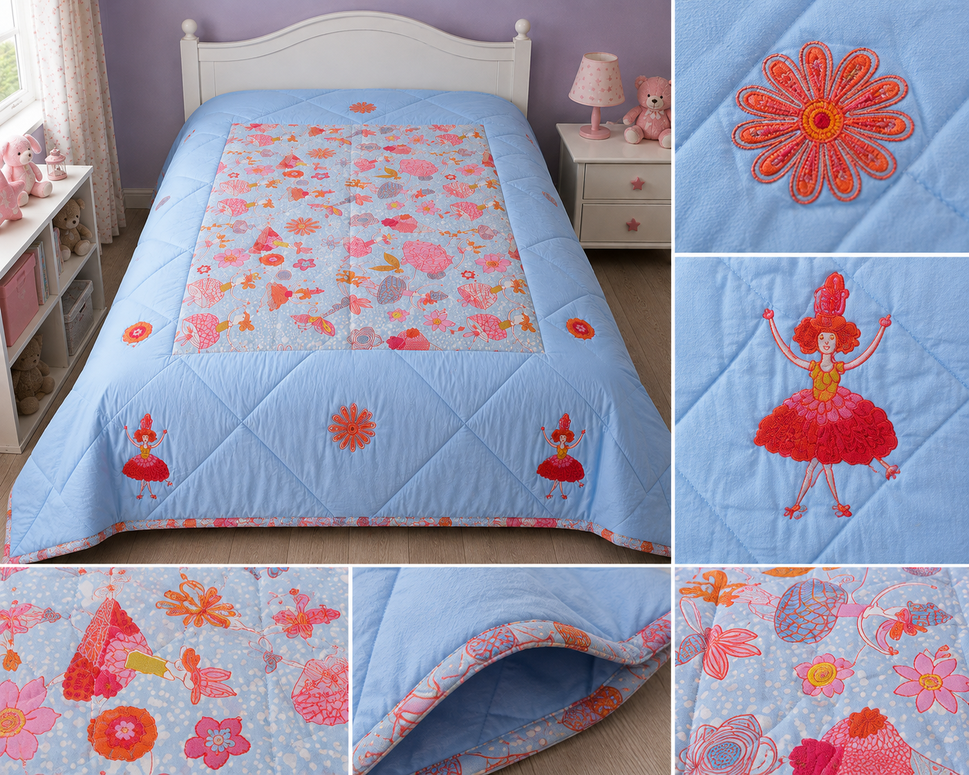 Blossoms kids comforter |girls doll print with embroidery| | Quilted | 60*90 inch .