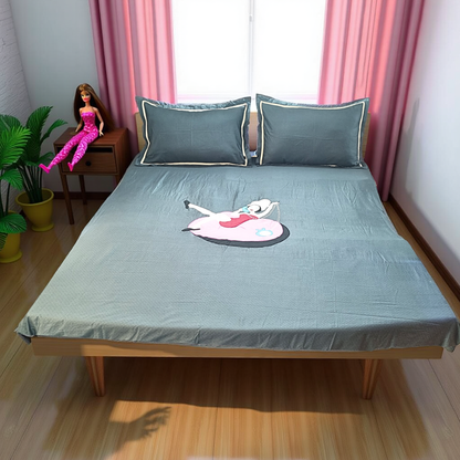 Blossoms "KIDS" grey pure cotton bedsheet with barbie cartoon character embroided patch work with 2 pillows |Set of 3|.