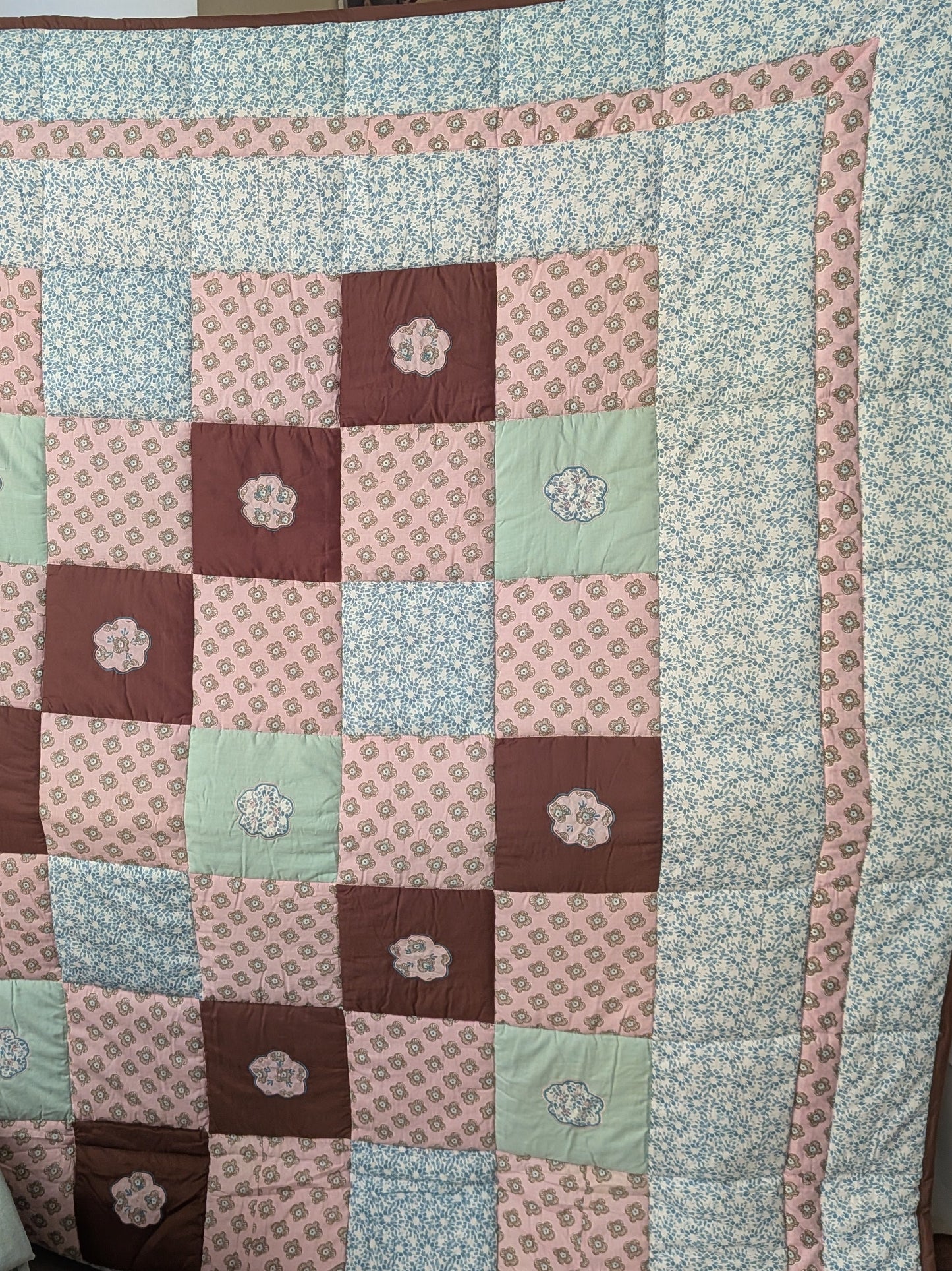 Blossoms patchwork embroidered, quilt cum bedcover