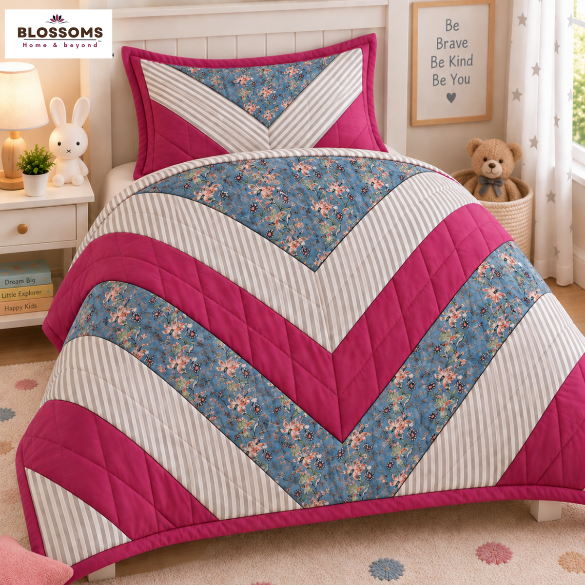 Blossoms Premium patchwork quilt cum bedcover with 2 pillow covers