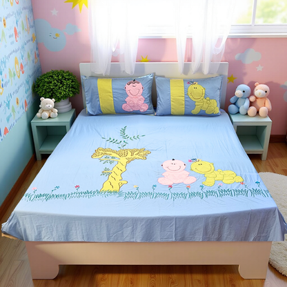 Blossoms kids sky blue pure cotton double bedsheet with cartoon character embroidered patch work with 2 pillows . Set of 3