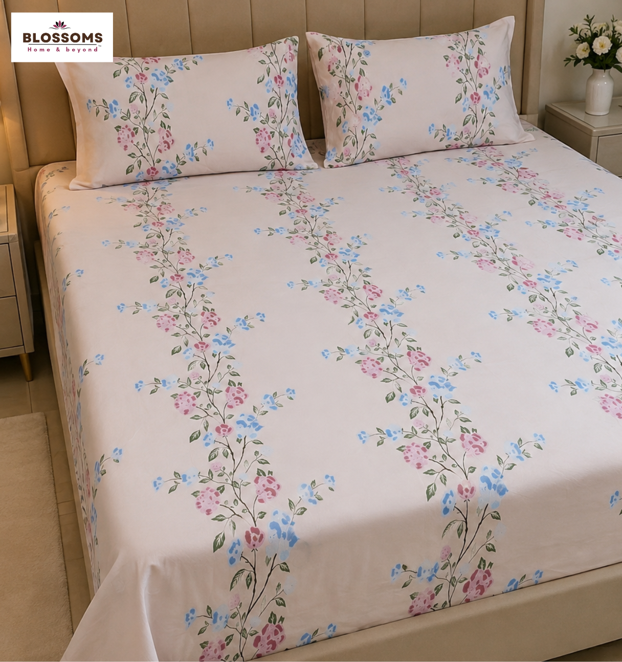 Blossoms Printed pure cotton bedsheet with 2 pillow cases .