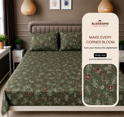 Blossoms Printed pure cotton bedsheet with 2 pillow cases .